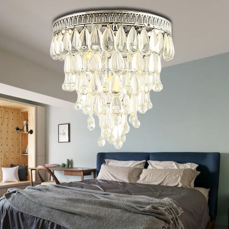 Tiered Flush Mount Light Modern Teardrop Crystal 4 Lights Chrome Ceiling Fixture for Bedroom