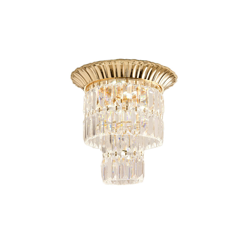 Double Cylinder Shade Flush Light Modern Crystal Block 5 Lights Chrome/Gold Ceiling Light