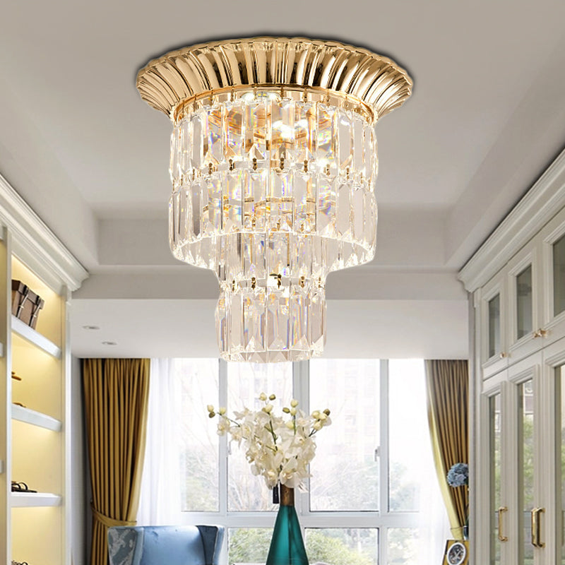 Double Cylinder Shade Flush Light Modern Crystal Block 5 Lumières Chrome / Gold Ceiling Light