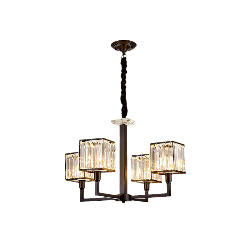 Modern Cubic Chandelier Lighting Fixture Rectangular-Cut Crystal 4/6/8 Lights Bedroom Hanging Light with Black Rod