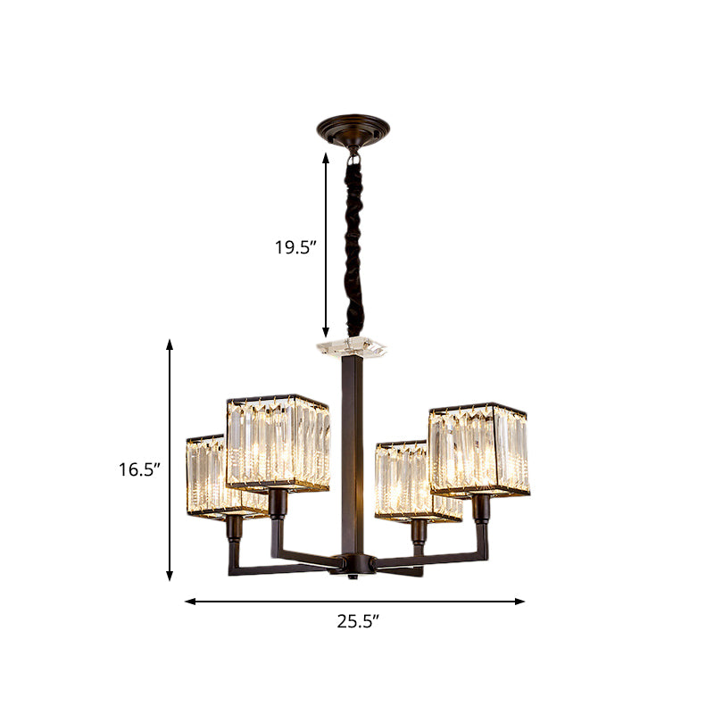 Modern Cubic Chandelier Lighting Fixture Rectangular-Cut Crystal 4/6/8 Lights Bedroom Hanging Light with Black Rod