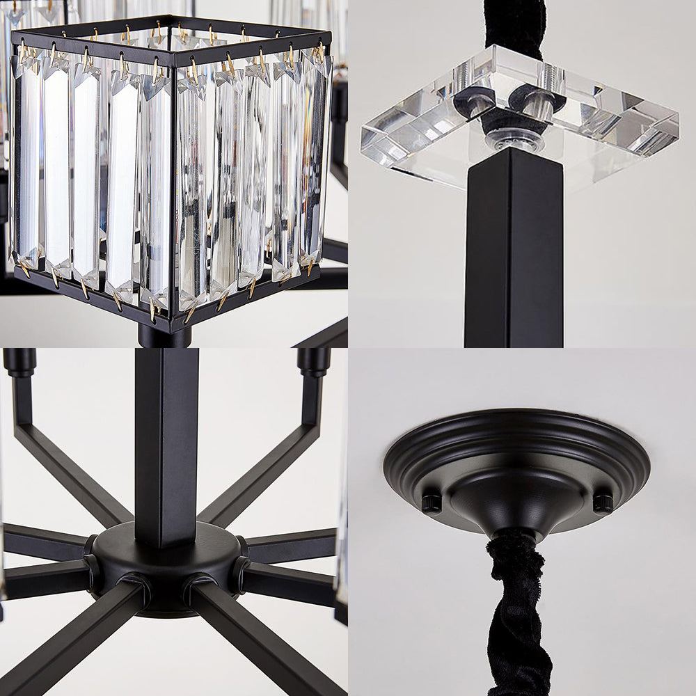 Modern Cubic Chandelier Lighting Fixture Rectangular-Cut Crystal 4/6/8 Lights Bedroom Hanging Light with Black Rod