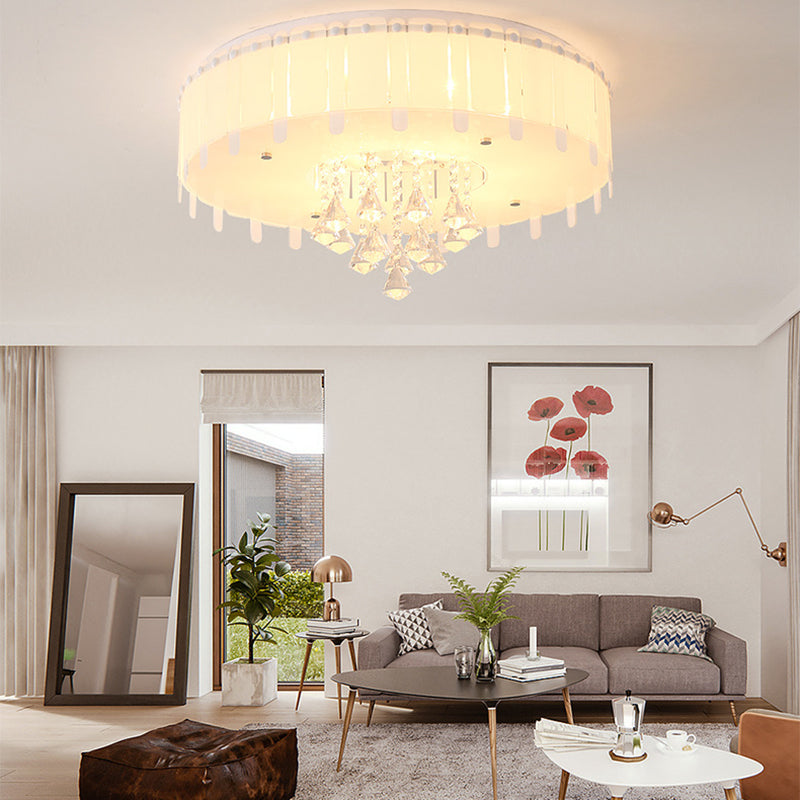 Simple Style LED Flush Mounted Light Drum Ceiling Light with White Glass Shade and Crystal Drop, 19.5"/23.5" Wide