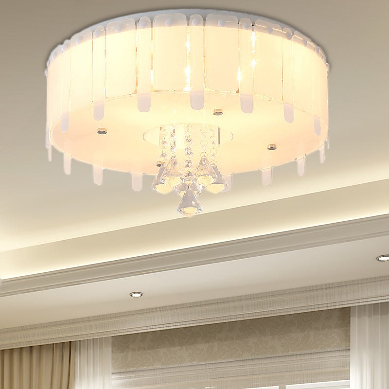 Simple Style LED Flush Mounted Light Drum Ceiling Light with White Glass Shade and Crystal Drop, 19.5"/23.5" Wide