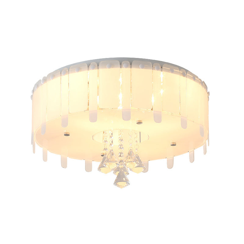 Simple Style LED Flush Mounted Light Drum Ceiling Light with White Glass Shade and Crystal Drop, 19.5"/23.5" Wide