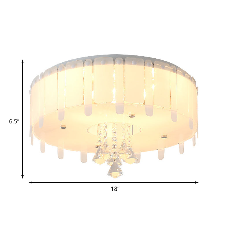 Simple Style LED Flush Mounted Light Drum Ceiling Light with White Glass Shade and Crystal Drop, 19.5"/23.5" Wide