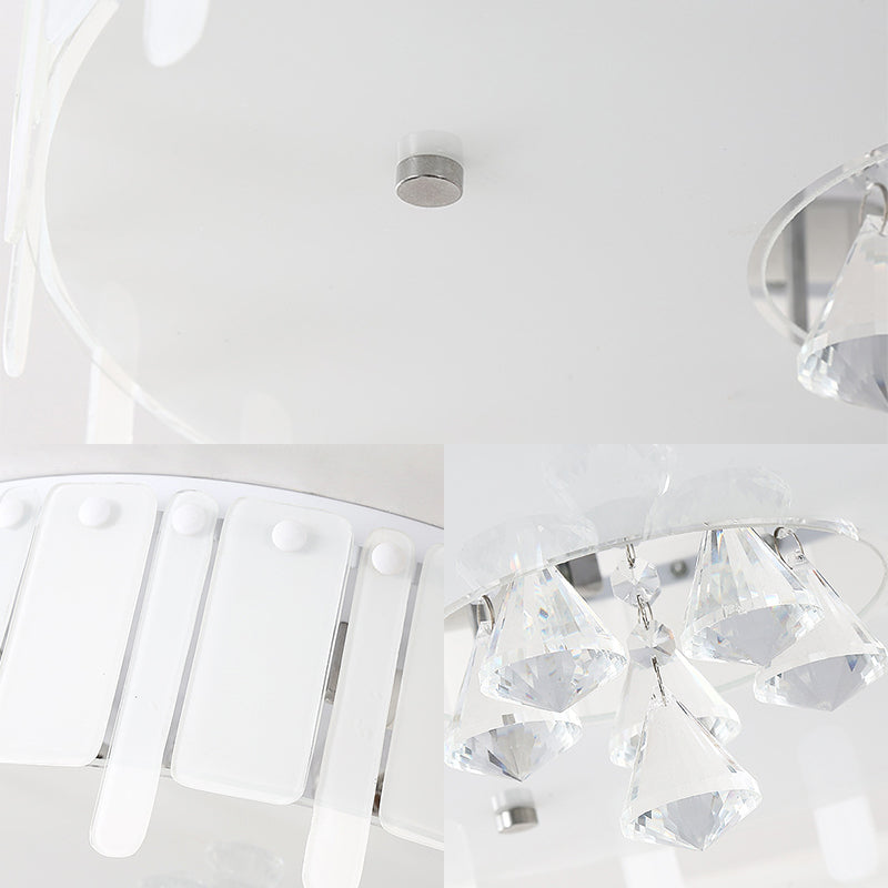 Simple Style LED Flush Mounted Light Drum Ceiling Light with White Glass Shade and Crystal Drop, 19.5"/23.5" Wide