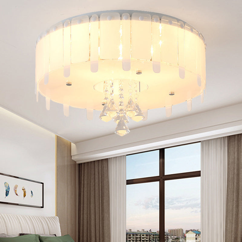 Simple Style LED Flush Mounted Light Drum Ceiling Light with White Glass Shade and Crystal Drop, 19.5"/23.5" Wide