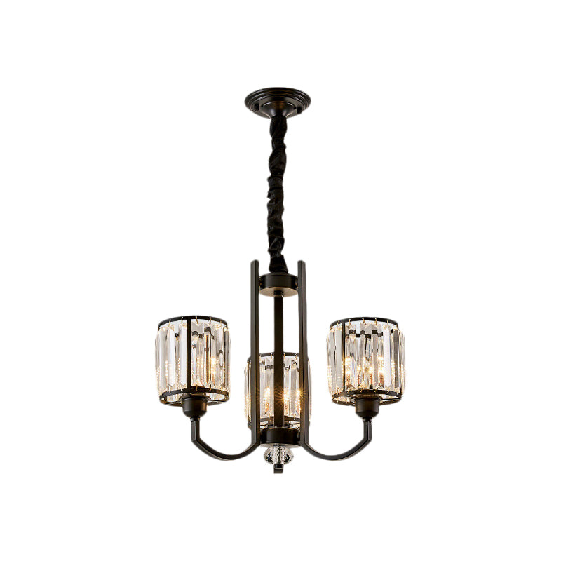 Cylinder Crystal Block Ceiling Light Fixture Rustic 3/6/8 Lights Black Chandelier Light for Living Room