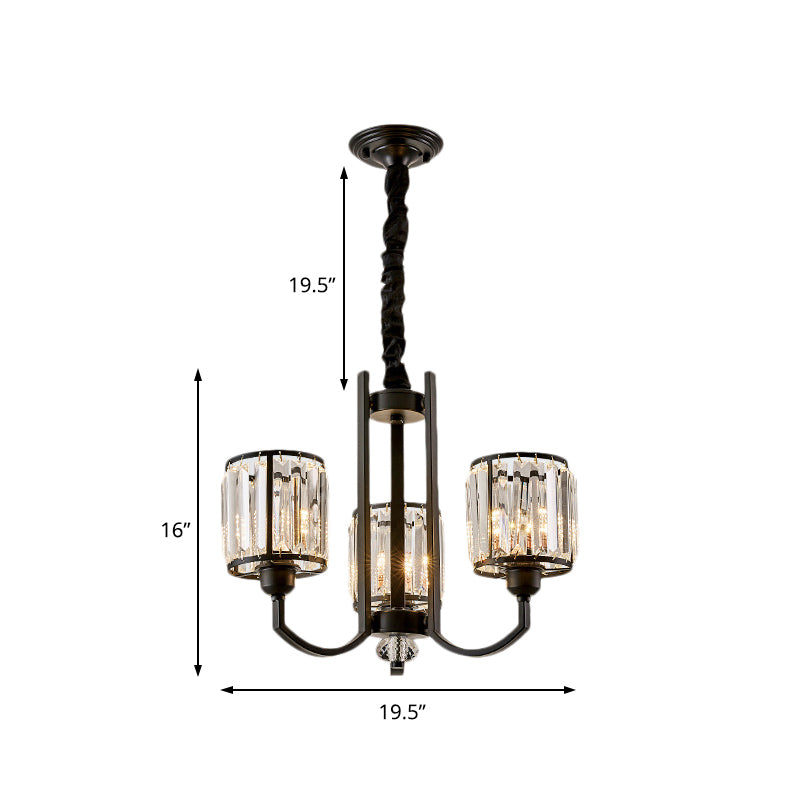 Cylinder Crystal Block Ceiling Light Fixture Rustic 3/6/8 Lights Black Chandelier Light for Living Room