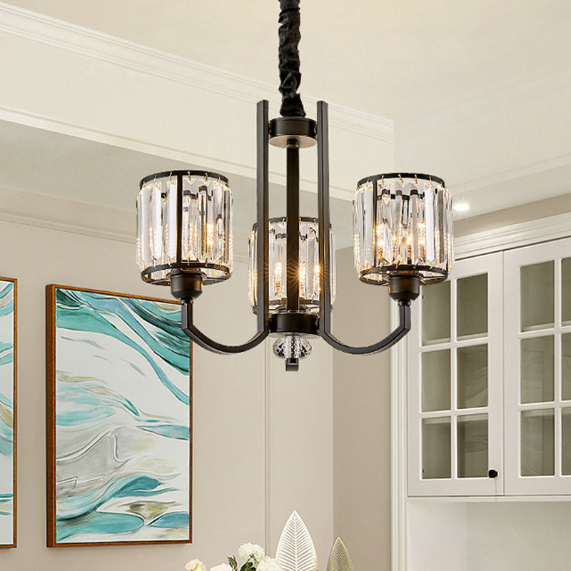 Cylinder Crystal Block Ceiling Light Fixture Rustic 3/6/8 Lights Black Chandelier Light for Living Room