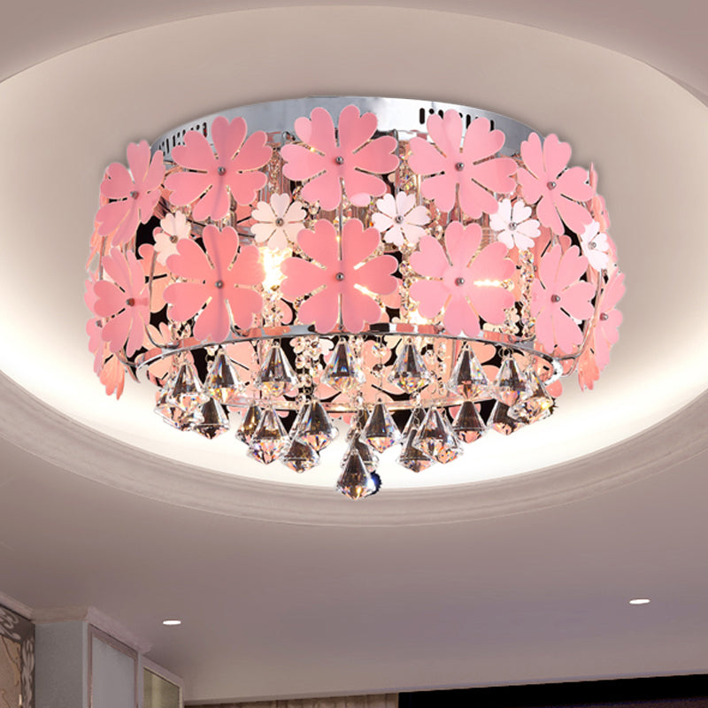 Modern Drum Flush Mount Light Crystal Drop LED Bedroom Ceiling Light Fixture with Pink Flower Decoration, 18"/21.5" Wide