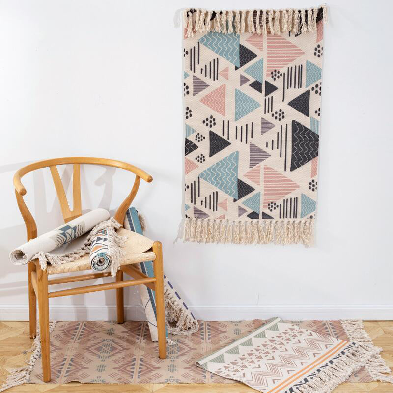 Boho Bedroom Rug Multi-Colored Geo Printed Area Carpet Cotton Easy Care Stain-Resistant Rug with Tassel