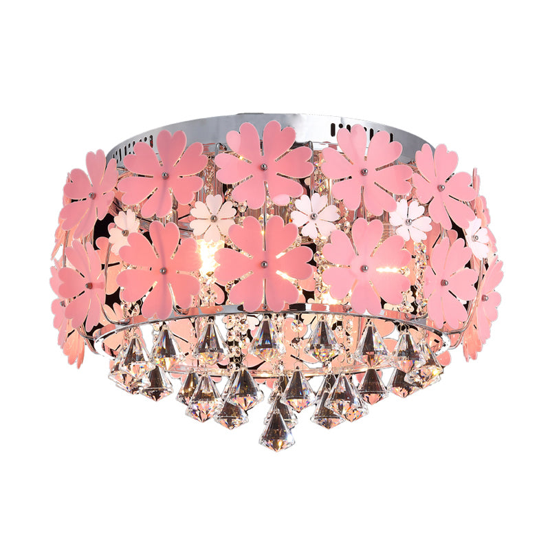 Modern Drum Flush Mount Light Crystal Drop LED Bedroom Ceiling Light Fixture with Pink Flower Decoration, 18"/21.5" Wide