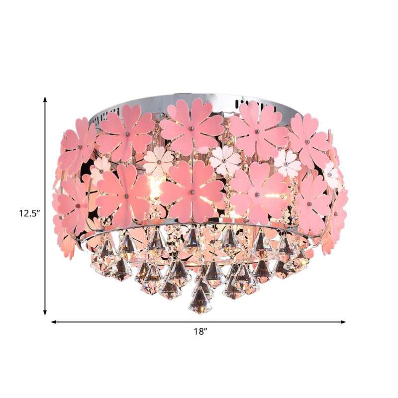 Modern Drum Flush Mount Light Crystal Drop LED Bedroom Ceiling Light Fixture with Pink Flower Decoration, 18"/21.5" Wide