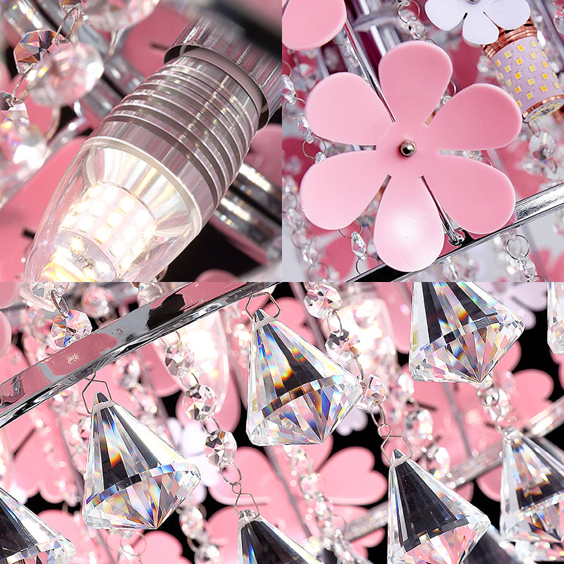 Modern Drum Flush Mount Light Crystal Drop LED Bedroom Ceiling Light Fixture with Pink Flower Decoration, 18"/21.5" Wide