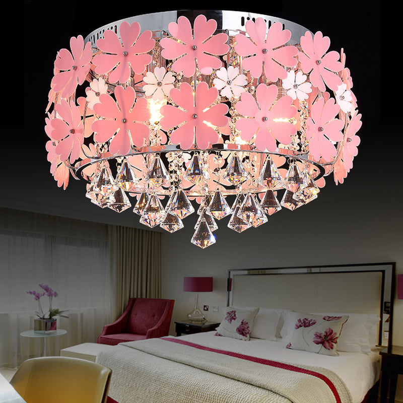 Modern Drum Flush Mount Light Crystal Drop LED Bedroom Ceiling Light Fixture with Pink Flower Decoration, 18"/21.5" Wide