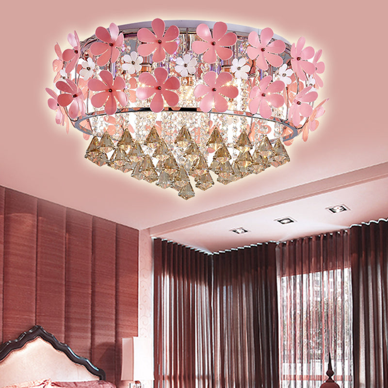 Modern Drum Flush Mount Light Crystal Drop LED Bedroom Ceiling Light Fixture with Pink Flower Decoration, 18"/21.5" Wide