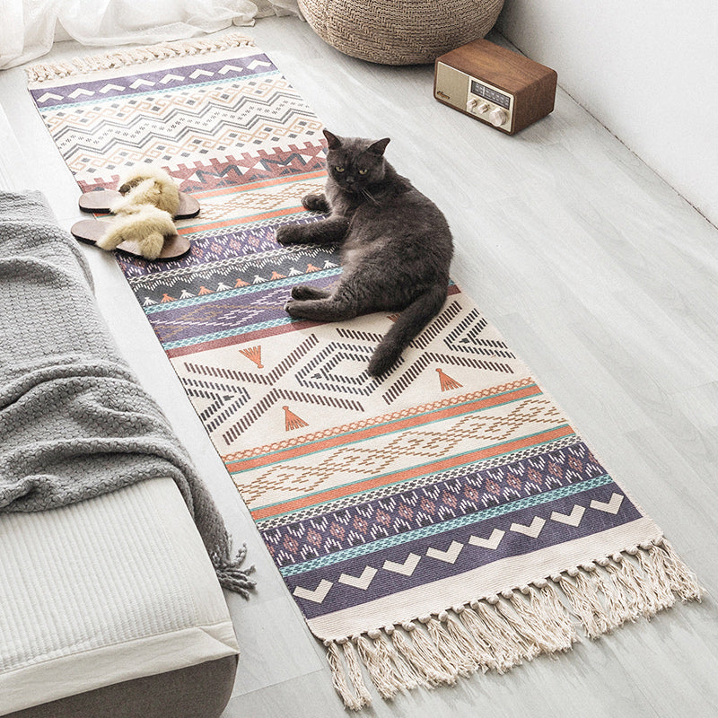 Moroccan Geometric Print Rug Multi Color Cotton Blend Carpet Machine Washable Pet Friendly Rug with Tassel for Room