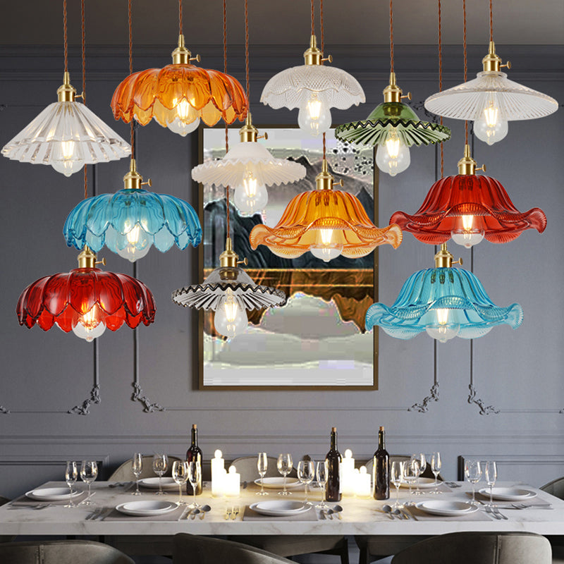 Lampe suspendue à suspension vintage en verre côtelé ombré pendentif en laiton pour salle à manger