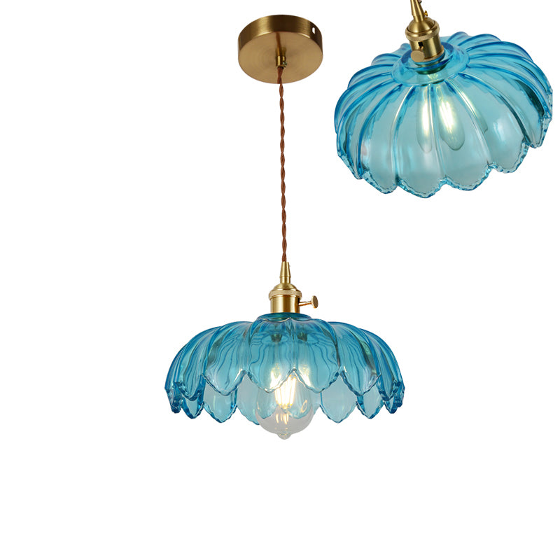 Single-Bulb Hanging Lamp Vintage Shaded Ribbed Glass Lighting Pendant in Brass for Dining Room