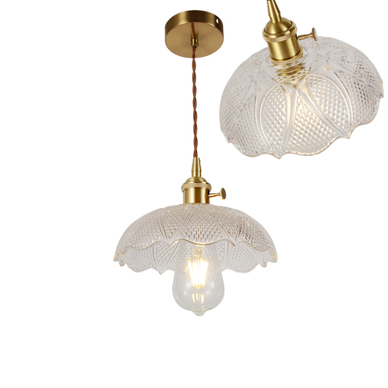 Single-Bulb Hanging Lamp Vintage Shaded Ribbed Glass Lighting Pendant in Brass for Dining Room