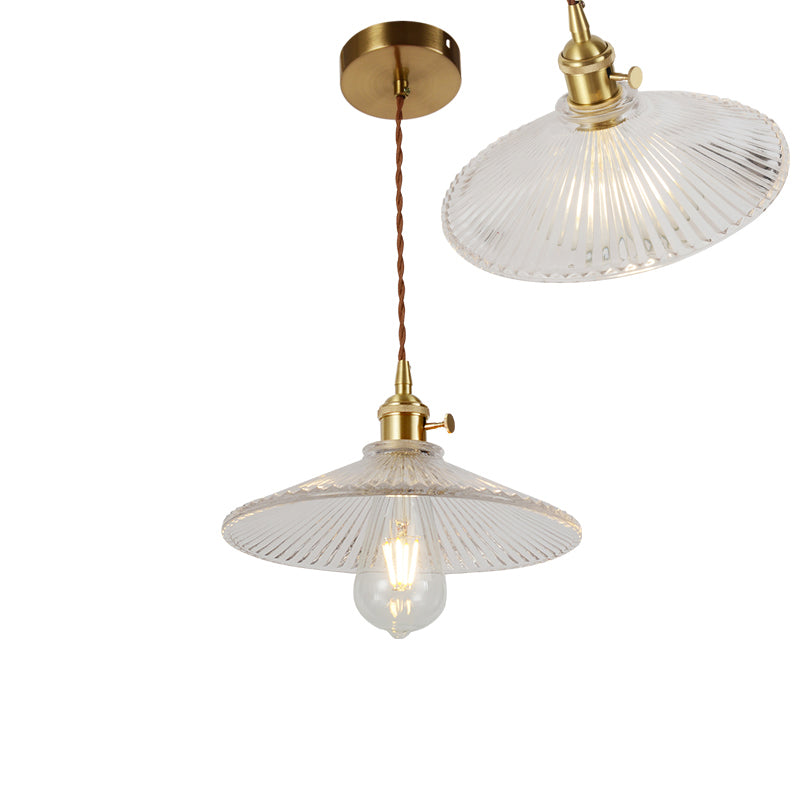 Single-Bulb Hanging Lamp Vintage Shaded Ribbed Glass Lighting Pendant in Brass for Dining Room