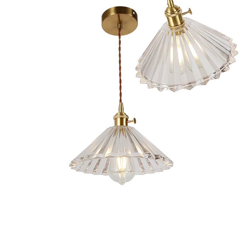 Single-Bulb Hanging Lamp Vintage Shaded Ribbed Glass Lighting Pendant in Brass for Dining Room