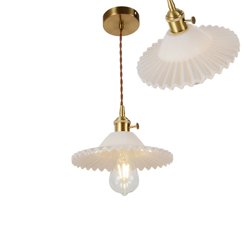 Single-Bulb Hanging Lamp Vintage Shaded Ribbed Glass Lighting Pendant in Brass for Dining Room