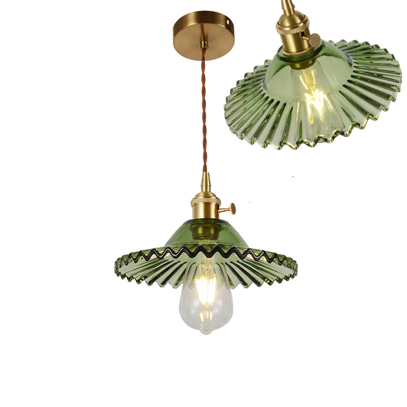 Single-Bulb Hanging Lamp Vintage Shaded Ribbed Glass Lighting Pendant in Brass for Dining Room