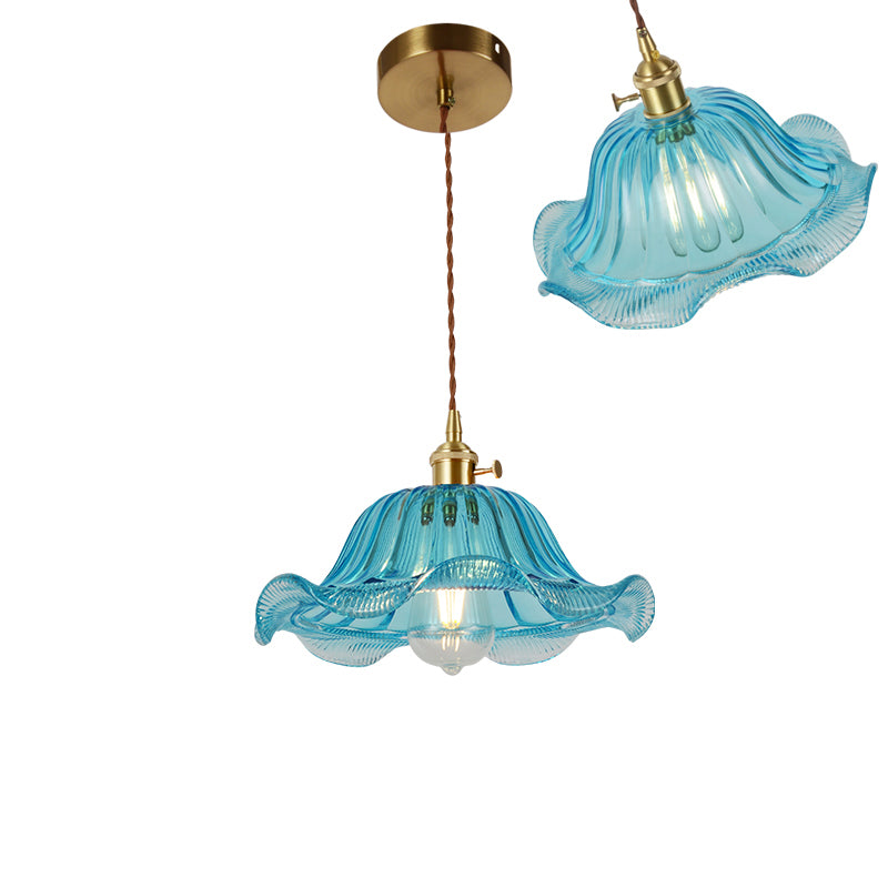 Single-Bulb Hanging Lamp Vintage Shaded Ribbed Glass Lighting Pendant in Brass for Dining Room