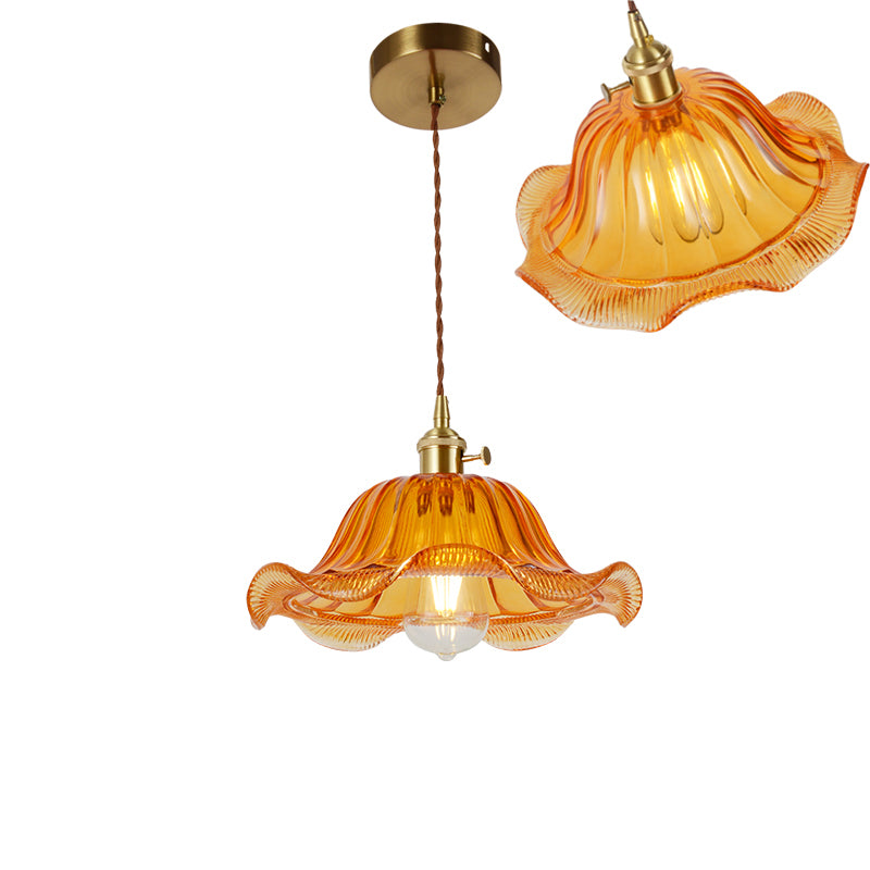 Single-Bulb Hanging Lamp Vintage Shaded Ribbed Glass Lighting Pendant in Brass for Dining Room