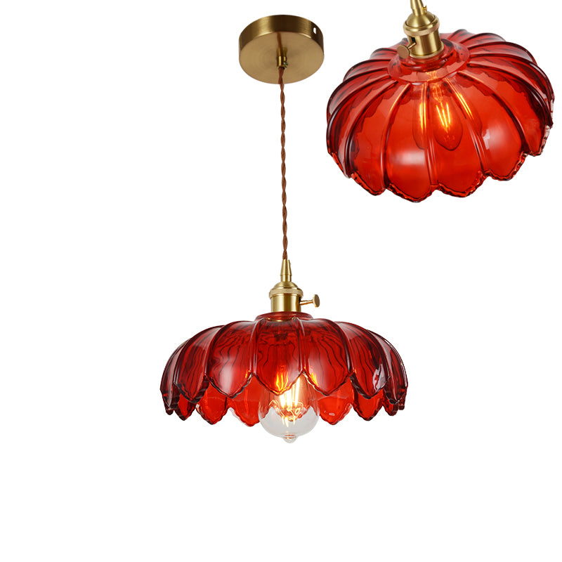 Single-Bulb Hanging Lamp Vintage Shaded Ribbed Glass Lighting Pendant in Brass for Dining Room