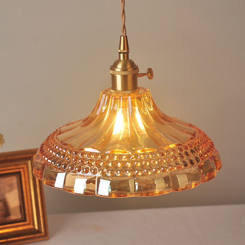 Amber Glass Pot Lid Hanging Light Simplicity 1 Bulb Restaurant Pendant Light Fixture