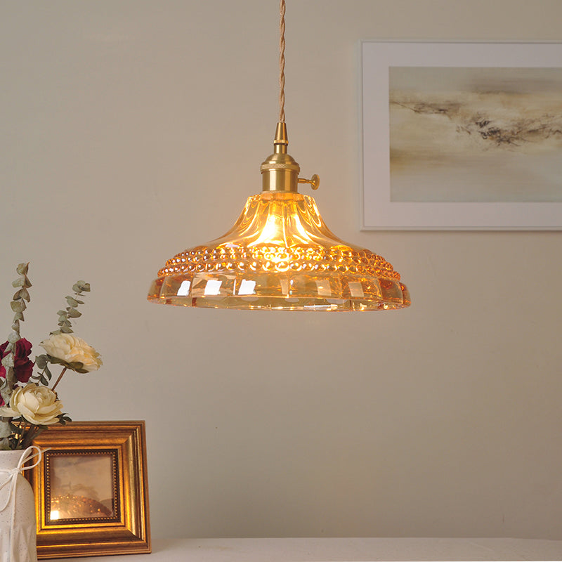 Amber Glass Pot Lid Hanging Light Simplicity 1 Bulb Restaurant Pendant Light Fixture