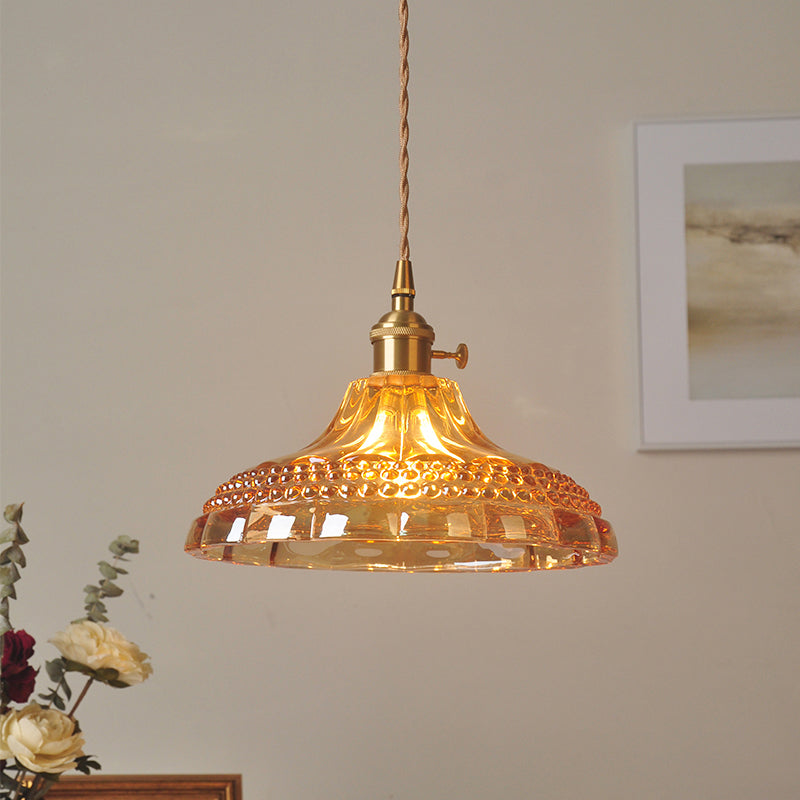 Amber Glass Pot Lid Hanging Light Simplicity 1 Bulb Restaurant Pendant Light Fixture