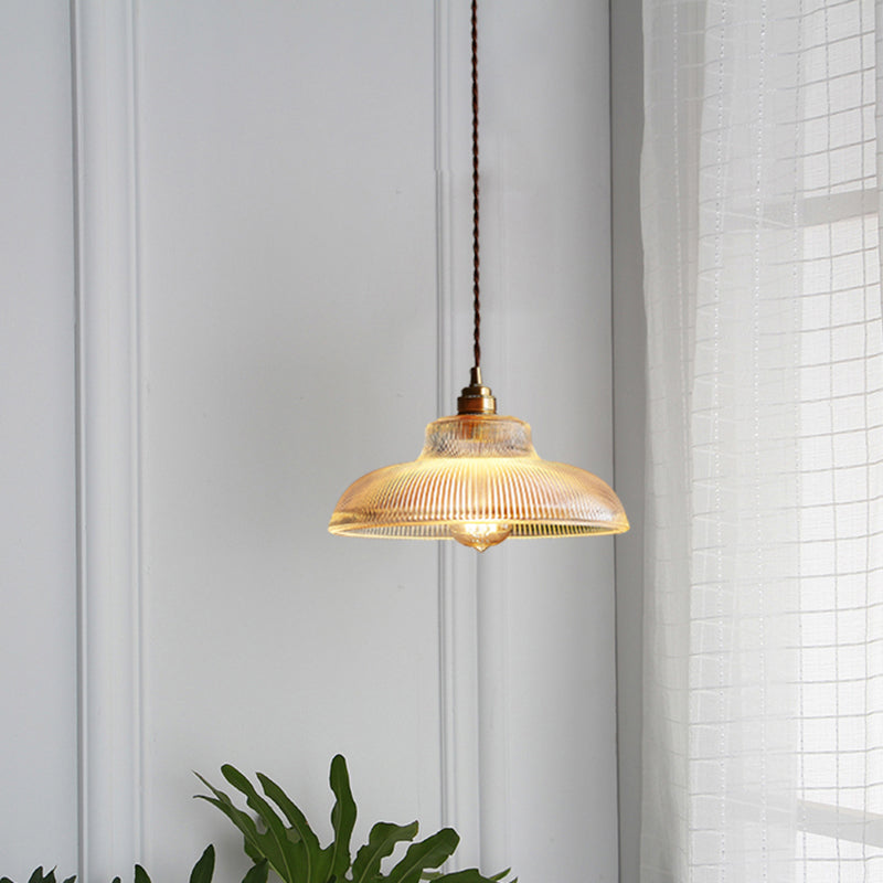 Retro Style Pot Cover Hanging Lamp Single-Bulb Clear Ribbed Glass Lighting Pendant for Dining Room