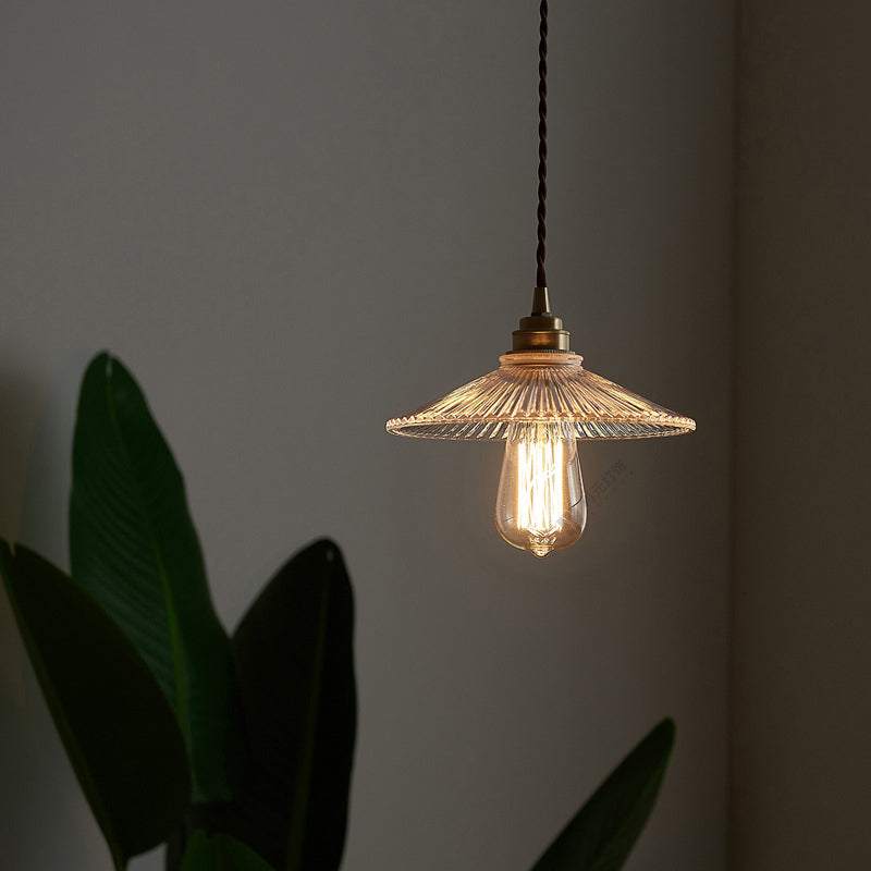 Luce a sospensione conica in vetro a coste trasparente in stile retrò sala da pranzo singolo a soffitto a soffitto