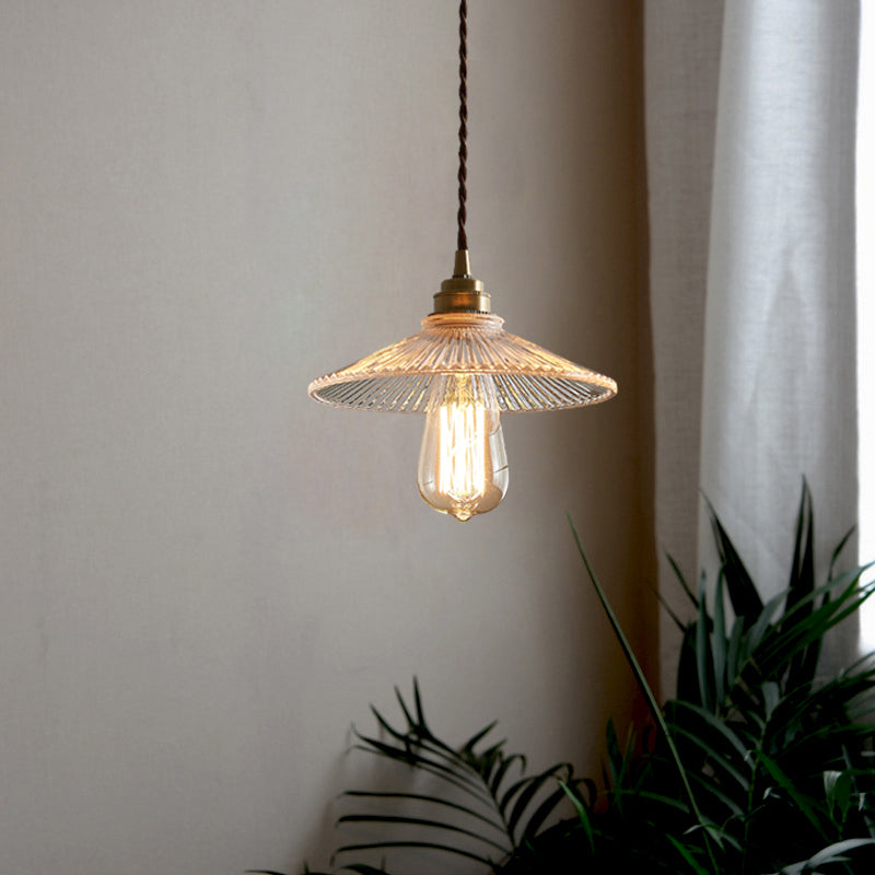 Luce a sospensione conica in vetro a coste trasparente in stile retrò sala da pranzo singolo a soffitto a soffitto