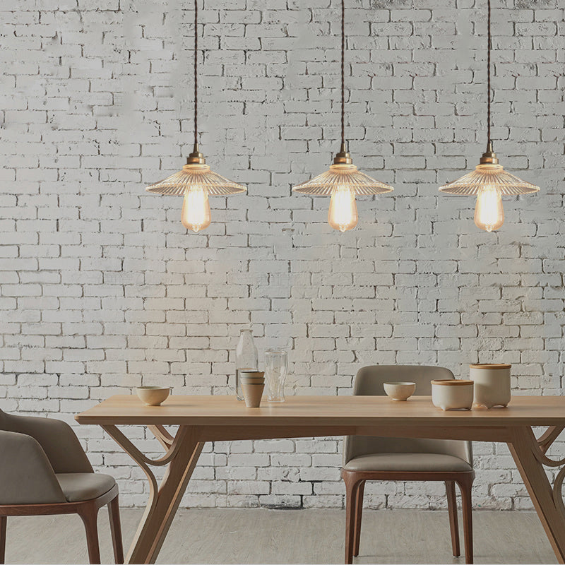 Luce a sospensione conica in vetro a coste trasparente in stile retrò sala da pranzo singolo a soffitto a soffitto