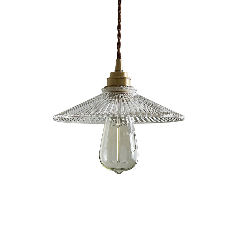 Clear Ribbed Glass Conical Suspension Lighting Retro Style Single Dining Room Pendant Ceiling Light