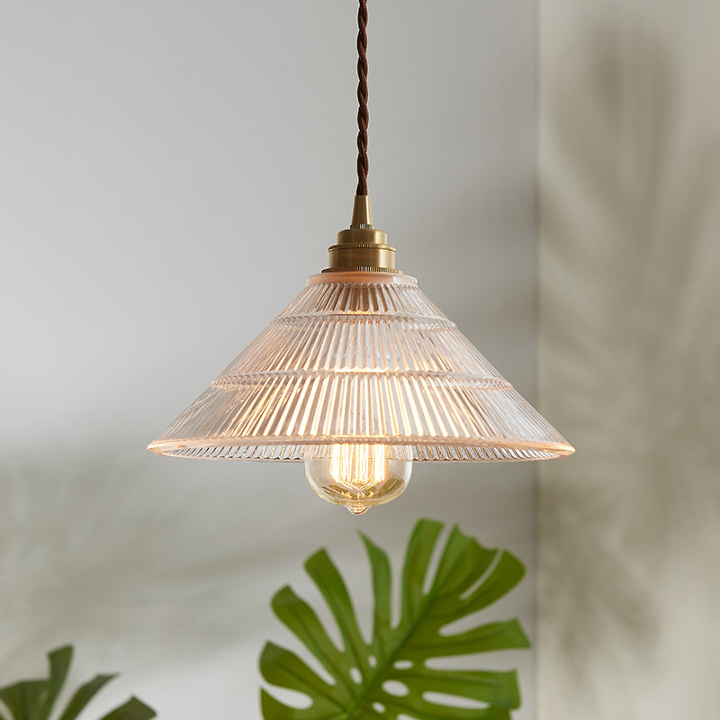 Single-Bulb Hanging Lamp Vintage Cone Ribbed Clear Glass Lighting Pendant for Dining Room