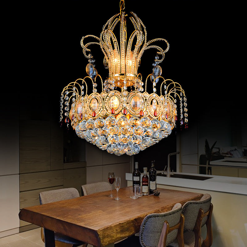 Faceted Crystal Ball Basket Chandelier Light Contemporary Multi Lights Gold Hanging Light for Dining Room, 16"/19.5" Wide