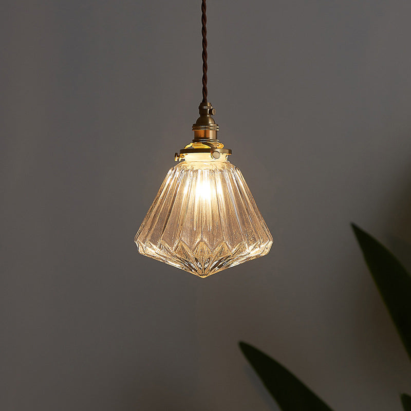 Ribbed Clear Glass Hanging Lamp Vintage Style Single-Bulb Restaurant Lighting Pendant