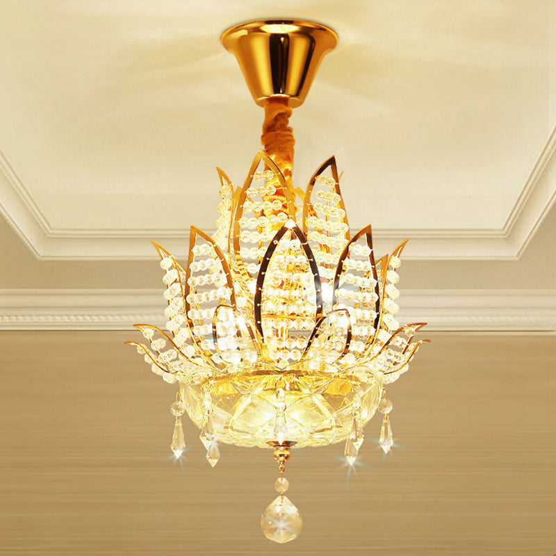 3 Lights Hallway Chandelier Light with Lotus Faceted Crystal Ball Shade Modern Gold Hanging Light