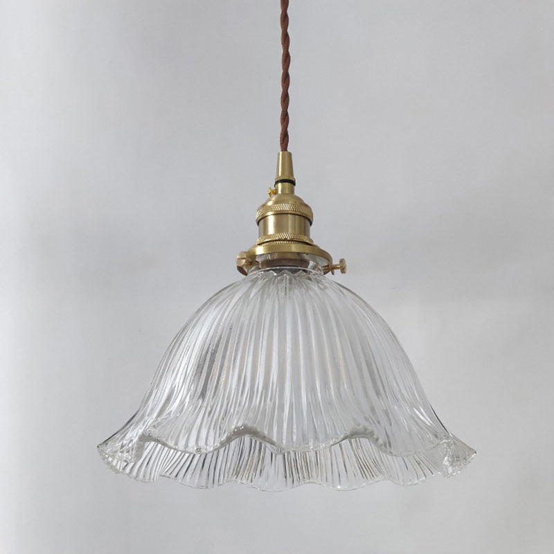 Floral Shade Clear Ribbed Glass Suspension Light Simplicity Living Room Pendant Light Fixture