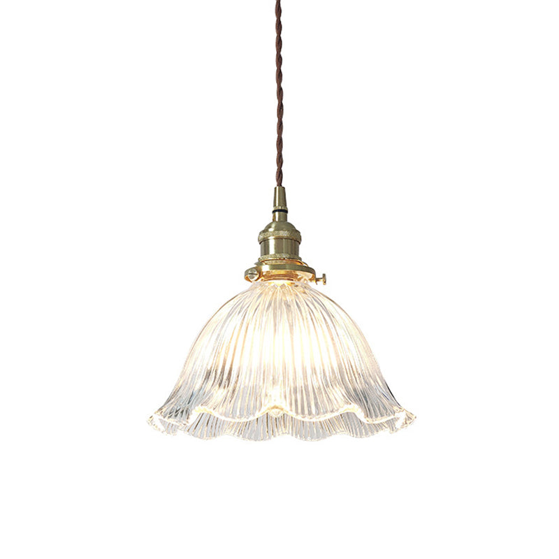 Floral Shade Clear Ribbed Glass Suspension Light Simplicity Living Room Pendant Light Fixture