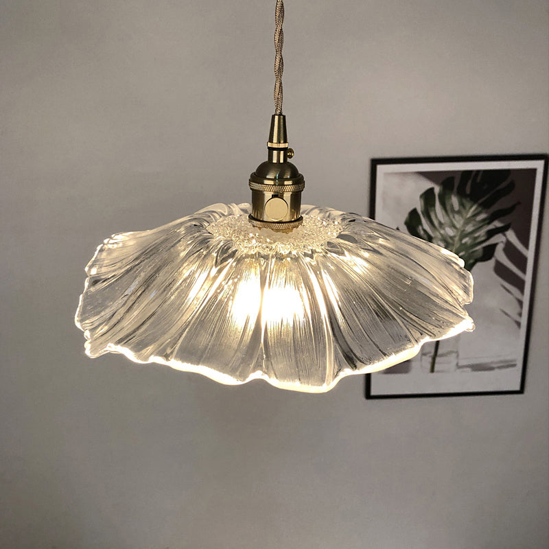 Vintage Floral Hanging Lamp Single-Bulb Ribbed Glass Lighting Pendant for Restaurant