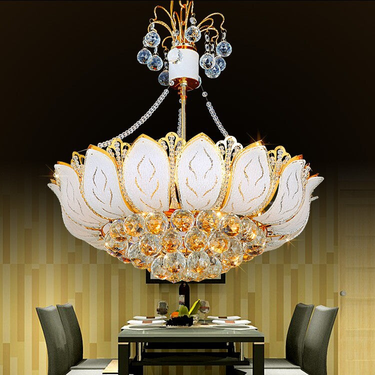 Lotus Hanging Light Fixture Contemporary Faceted Crystal Ball 3/Multi Lights Gold Chandelier Light, 16"/19.5"/23.5" Wide