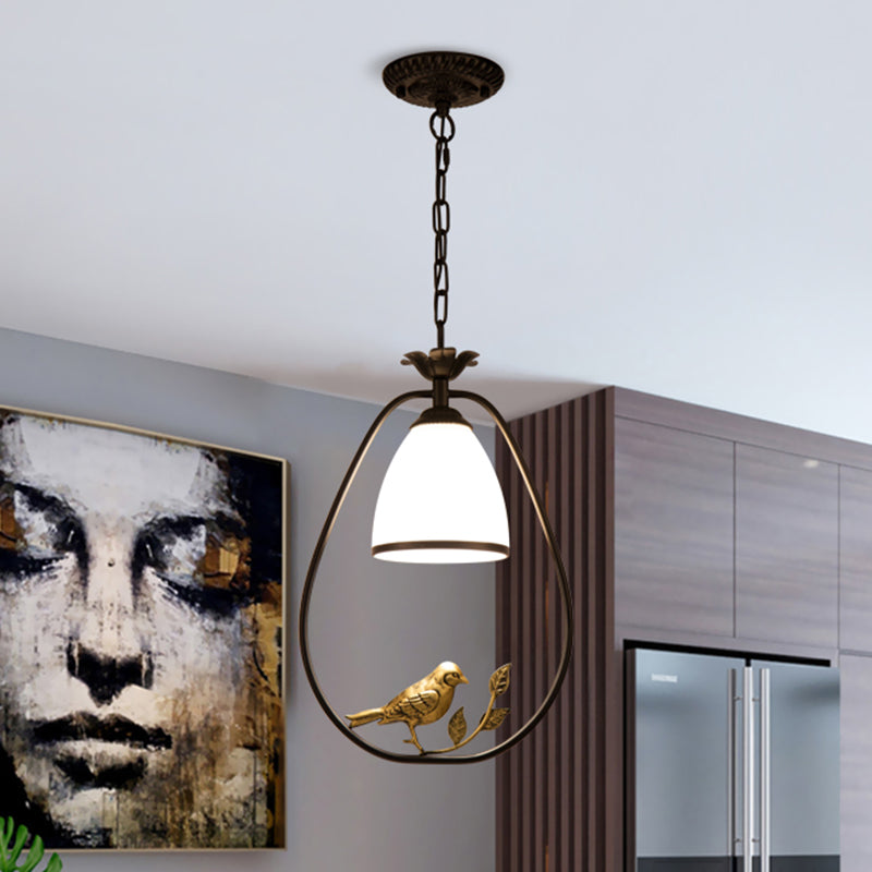 Bell Handblown Glass Ceiling Light Retro Single Dining Room Hanging Light with Bird and Branch Decor in Black